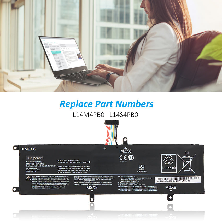 L14M4PB0 Replacement Laptop Battery for Lenovo, 4050mAh, side profile highlighting the slim form factor.