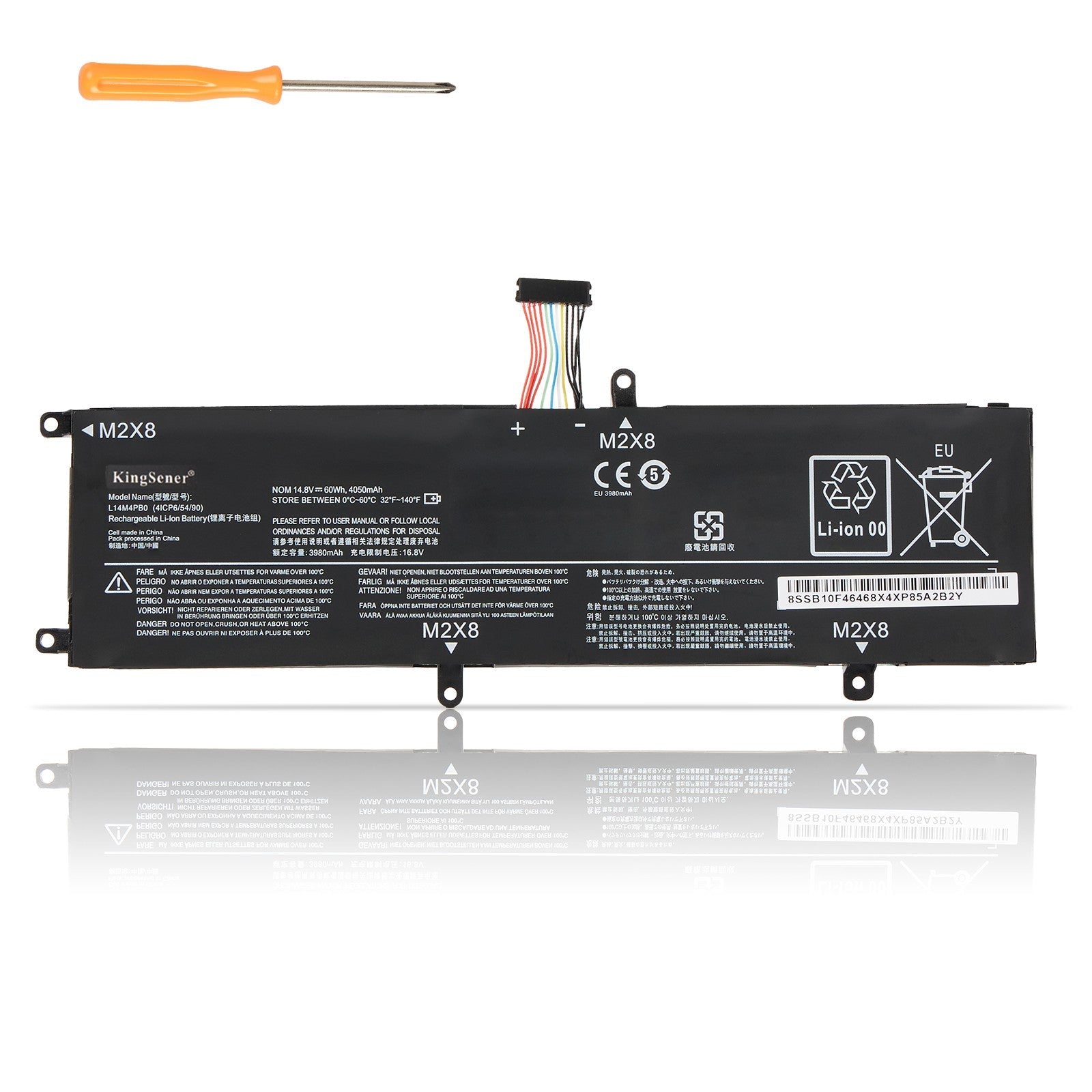 L14M4PB0 Replacement Laptop Battery for Lenovo, 4050mAh, front view of slim black internal battery with connector wires.