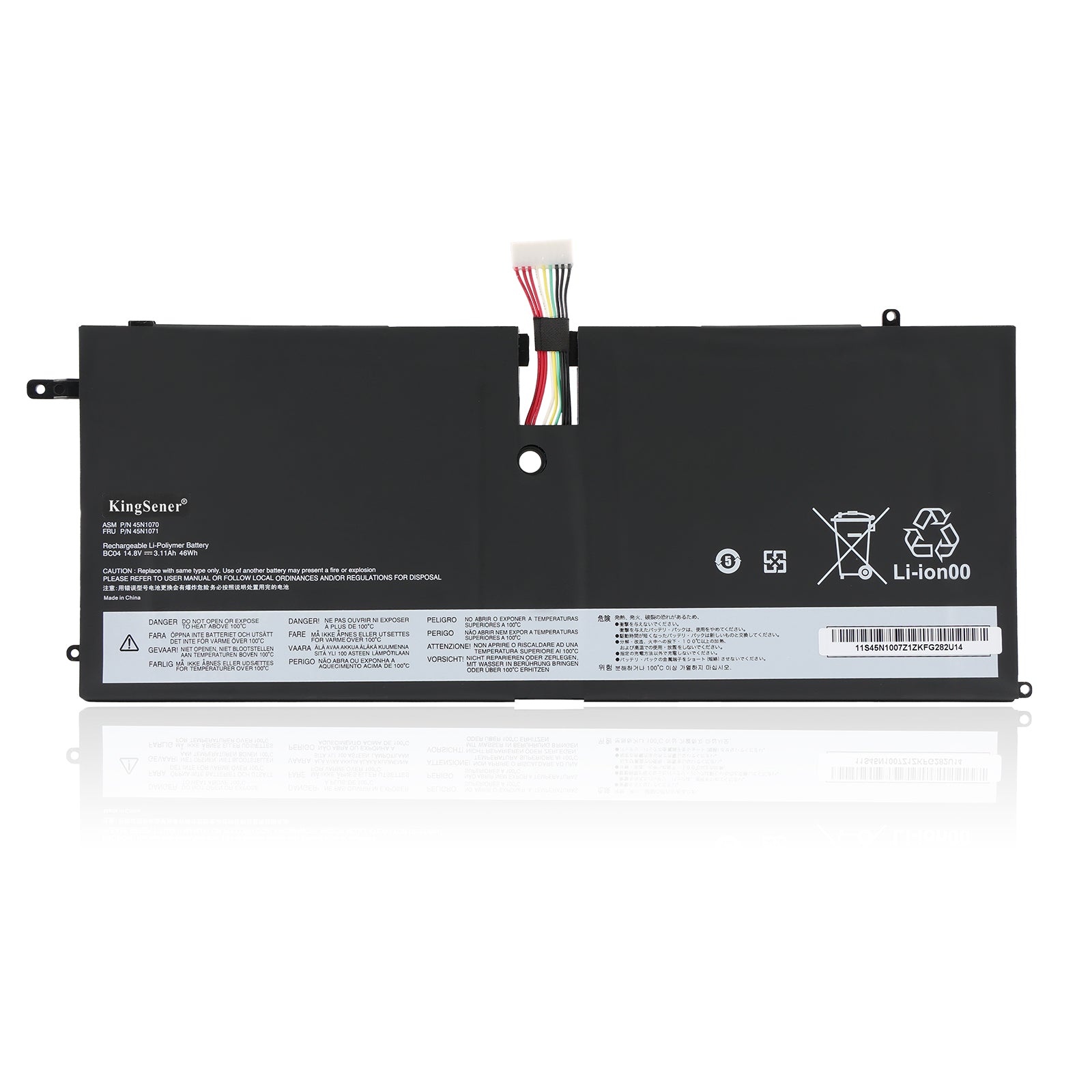 45N1070 laptop battery for Lenovo ThinkPad X1 Carbon, 14.8V 46Wh, with 6-wire colored connector and matte black finish.