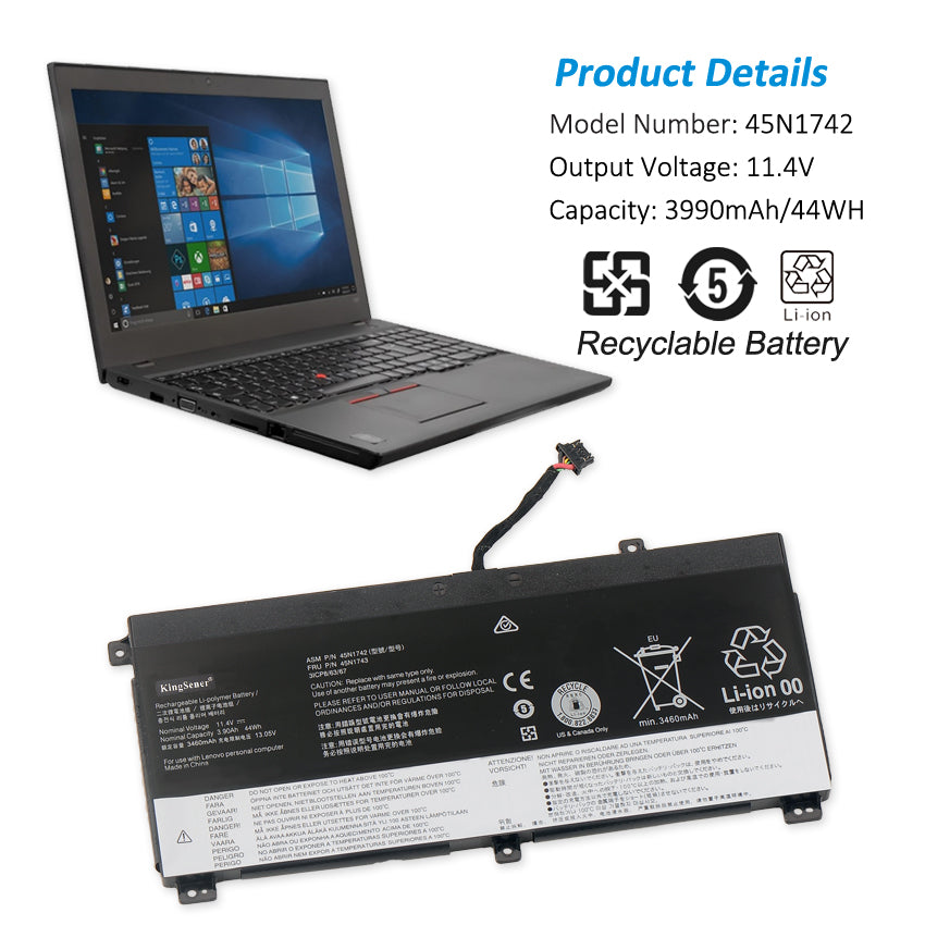 45N1741 Replacement Laptop Battery for Lenovo, 3990mAh, perspective view of the battery casing and mounting tabs.