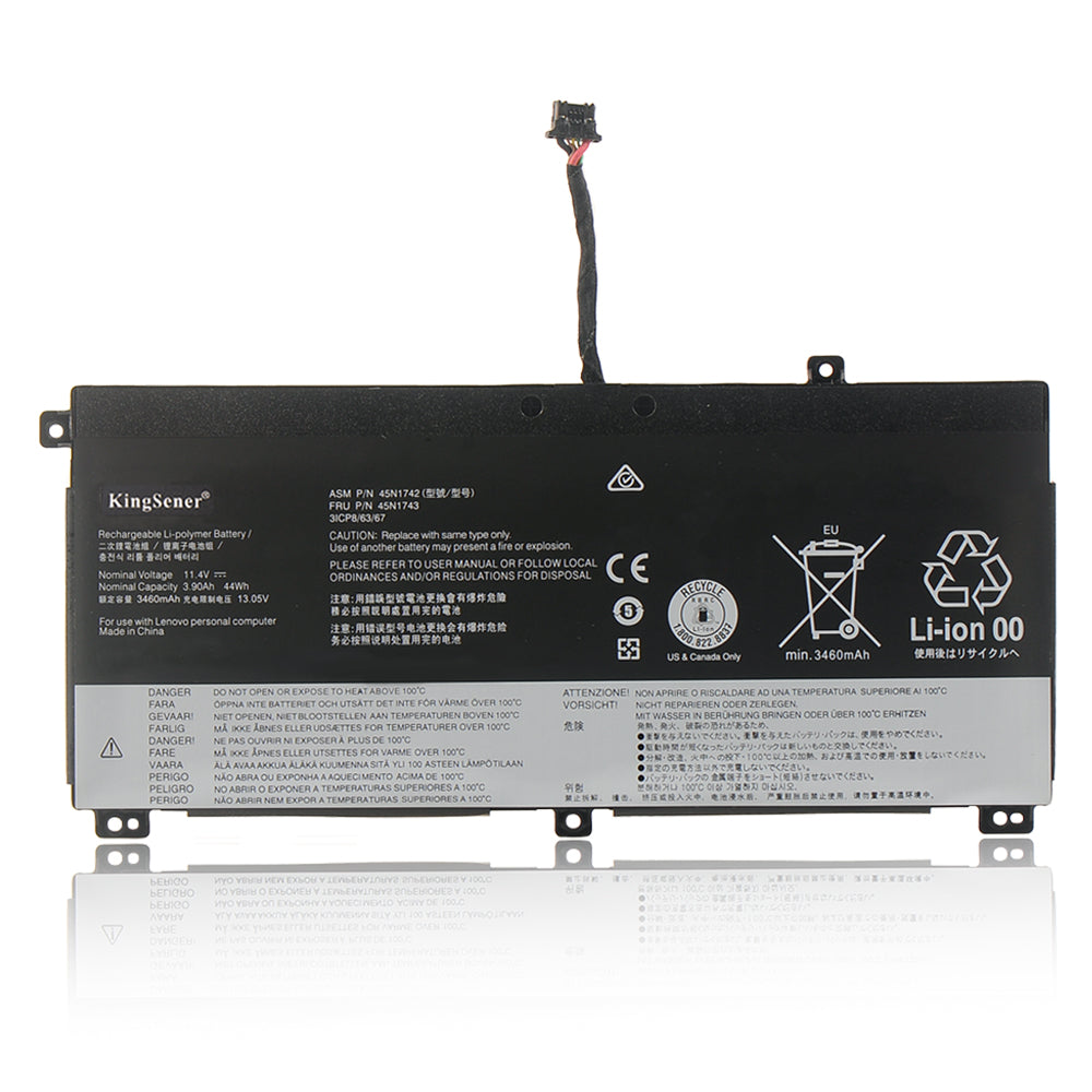 45N1741 Replacement Laptop Battery for Lenovo, 3990mAh, front view of slim black internal battery with connector wires.