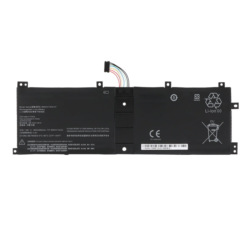BSNO4170A5-AT laptop battery for Lenovo Miix 510 520, 7.68V 39Wh, thin rectangular design with 6-wire colored connector.