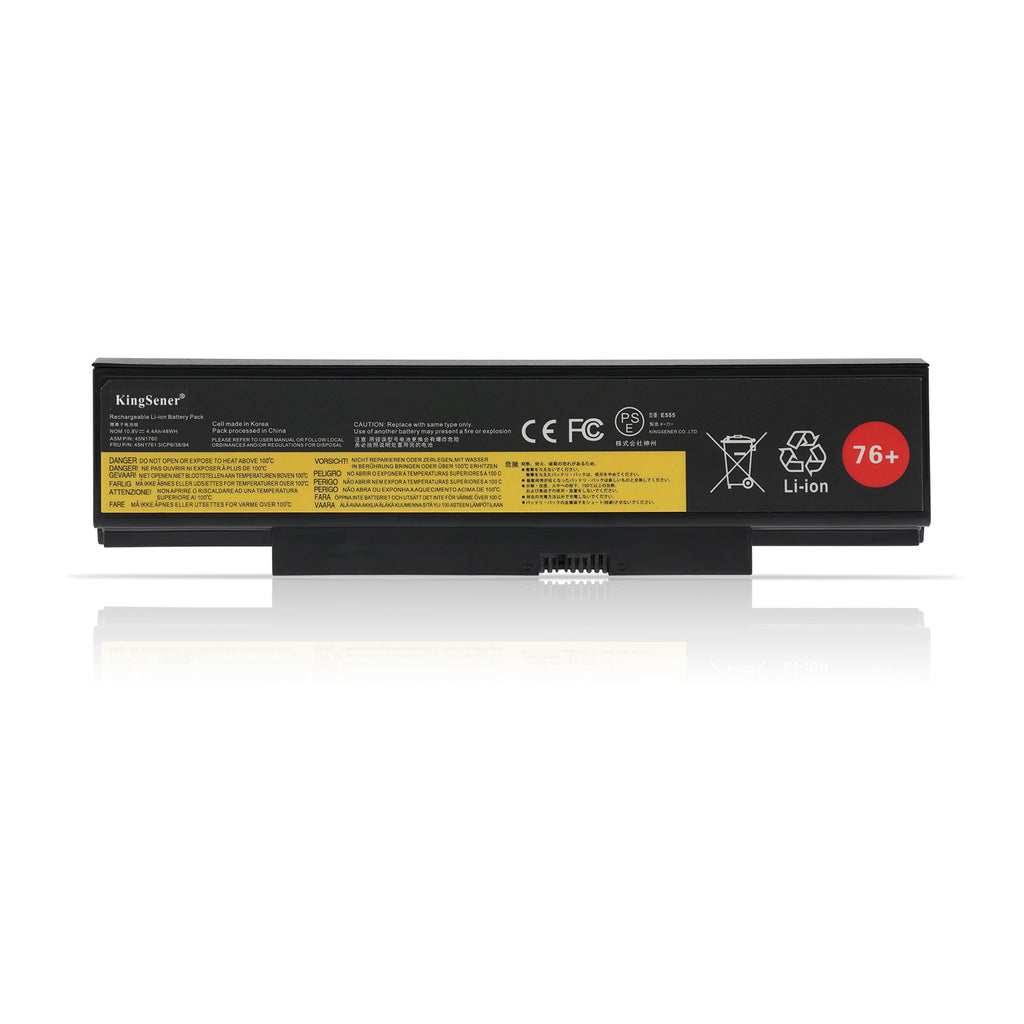 E555 laptop battery for Lenovo ThinkPad E550 E560, 10.8V 48Wh capacity, featuring a prominent red 76+ sticker and safety labels.