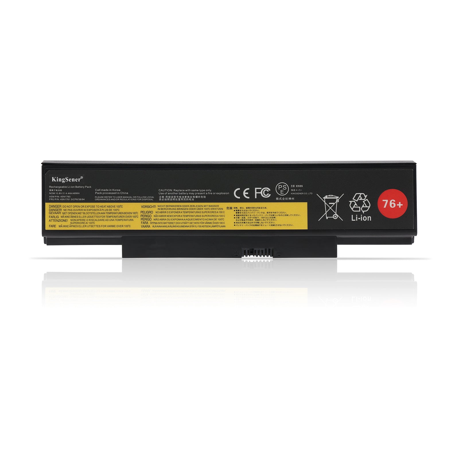 E555 laptop battery for Lenovo ThinkPad E550 E560, 10.8V 48Wh capacity, featuring a prominent red 76+ sticker and safety labels.
