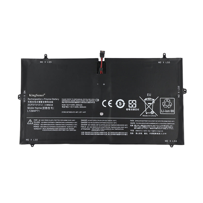 L13M4P71 Rechargeable Laptop Battery for Lenovo, 7.6V 44Wh, flat internal design with top connector cable.