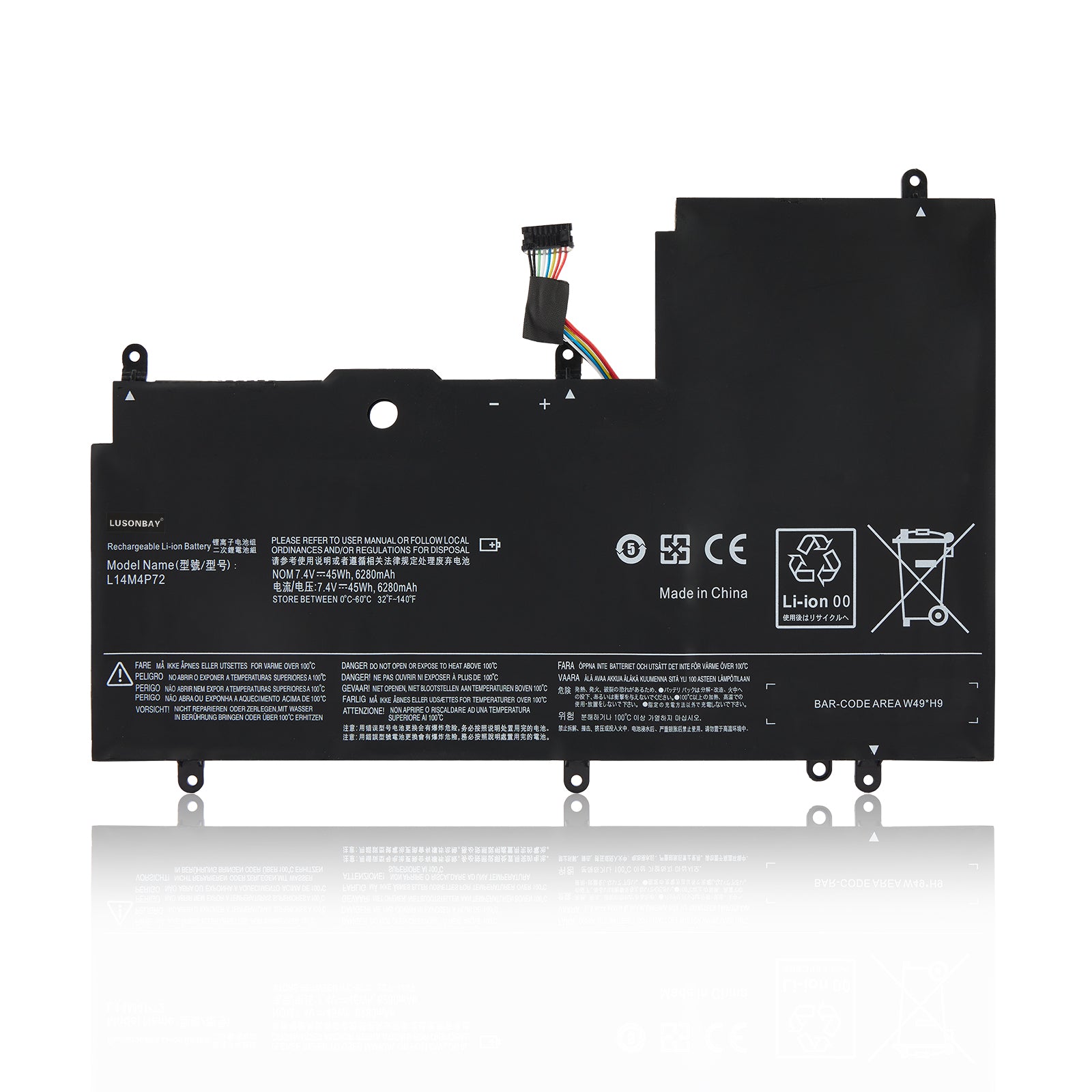 L14S4P72 replacement battery for Lenovo Yoga 3 14 Yoga 700, Li-ion 7.4V 45Wh 6280mAh, back label view