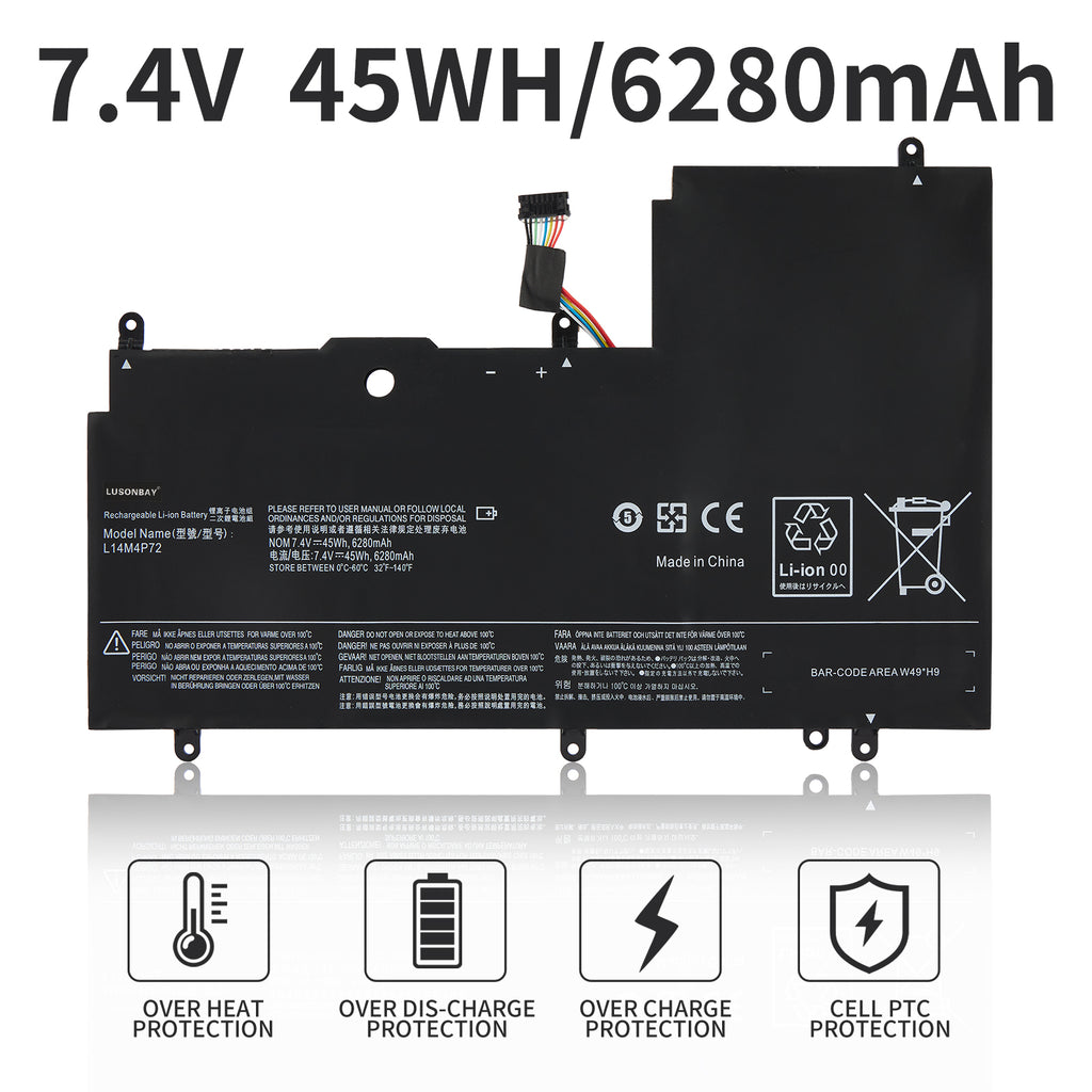L14S4P72 battery 7.4V 45Wh 6280mAh Li-ion for Lenovo Yoga 3 14 and Yoga 700, with 4-protection icons