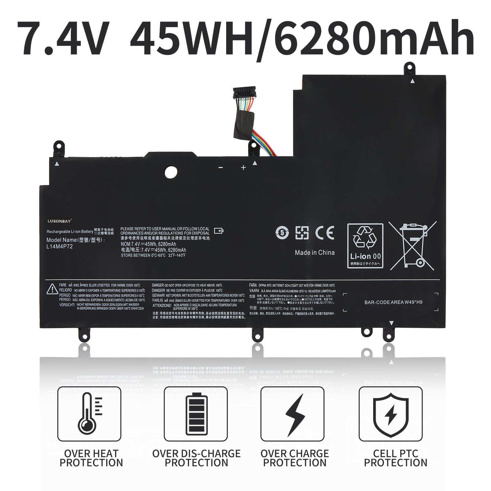 L14S4P72 battery 7.4V 45Wh 6280mAh Li-ion for Lenovo Yoga 3 14 and Yoga 700, with 4-protection icons