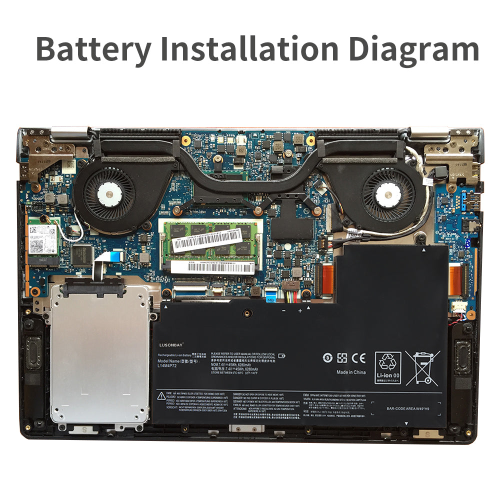L14S4P72 battery mounting position inside Lenovo Yoga 3 14 laptop, internal installation diagram with motherboard view