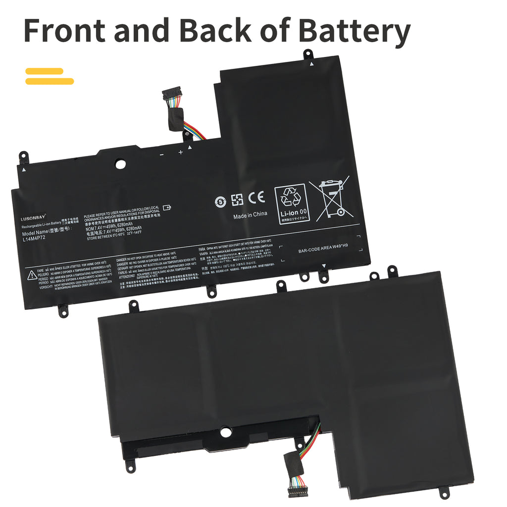 L14S4P72 replacement battery front and back dual side view, Li-ion 7.4V 45Wh for Lenovo Yoga 3 14 and Yoga 700
