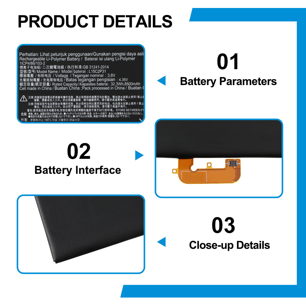L15C2P31 tablet battery details: 3.8V 32.3Wh 8500mAh 1ICP4/86/103-2 with orange FPC connector for Yoga Book