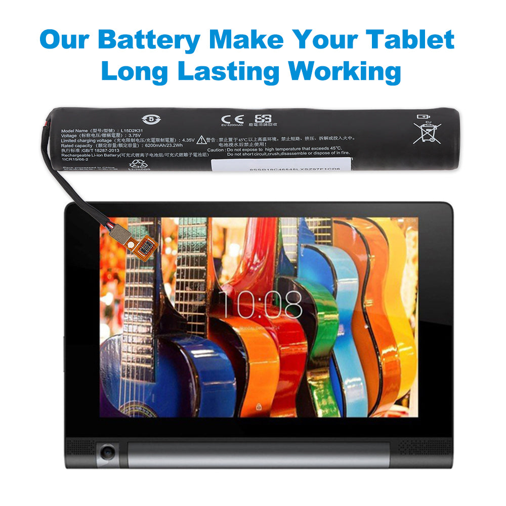 L15D2K31 Tablet Battery for Lenovo Yoga, 3.75V 6200mAh, showing cylindrical unit and repair tools