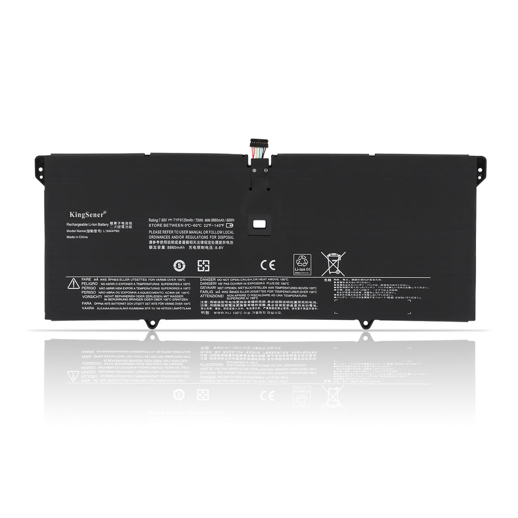 L16M4P60 Replacement Laptop Battery for Lenovo Yoga, 7.68V 70Wh 9120mAh, Flat black rectangular battery with top connector.