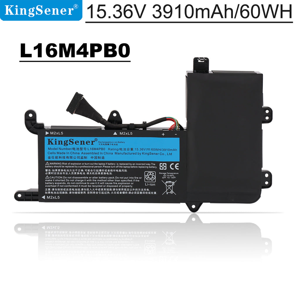 L16S4TB0 Replacement Laptop Battery for Lenovo, , front view of slim black internal battery with connector wires.