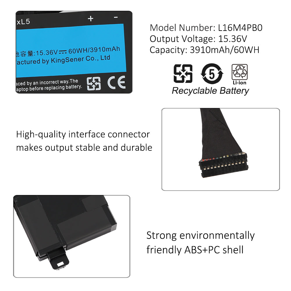 L16S4TB0 Replacement Laptop Battery for Lenovo, , top view of the battery showing screw holes and safety labels.