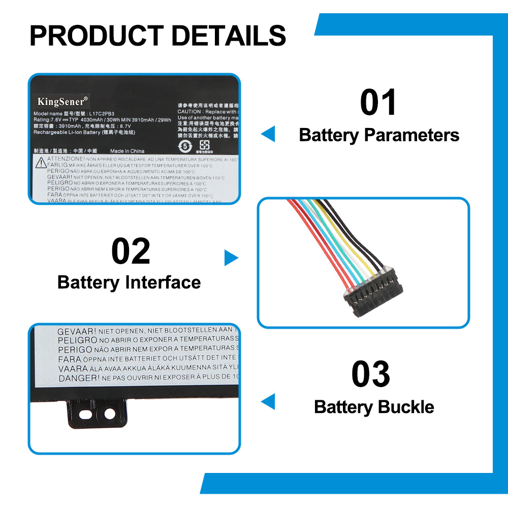 Lenovo L17C2PB3 replacement Li-ion laptop battery 7.6V 30Wh specs 8-pin interface with metal buckle