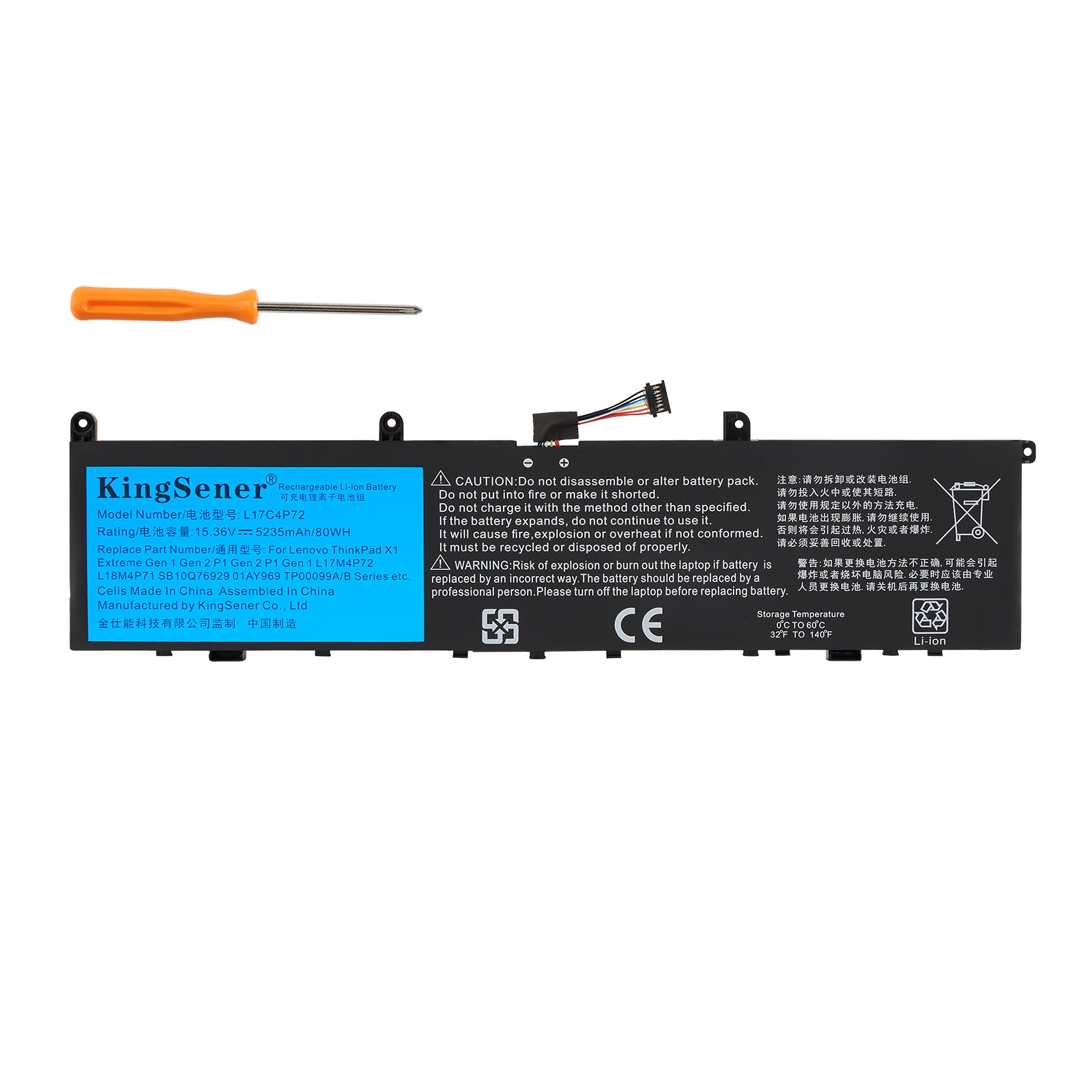 L17C4P72 Replacement Battery For Lenovo ThinkPad X1 - Front View on White