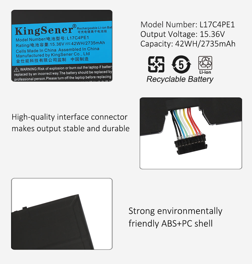L17M4PE1 Replacement Laptop Battery for Lenovo, , top view of the battery showing screw holes and safety labels.