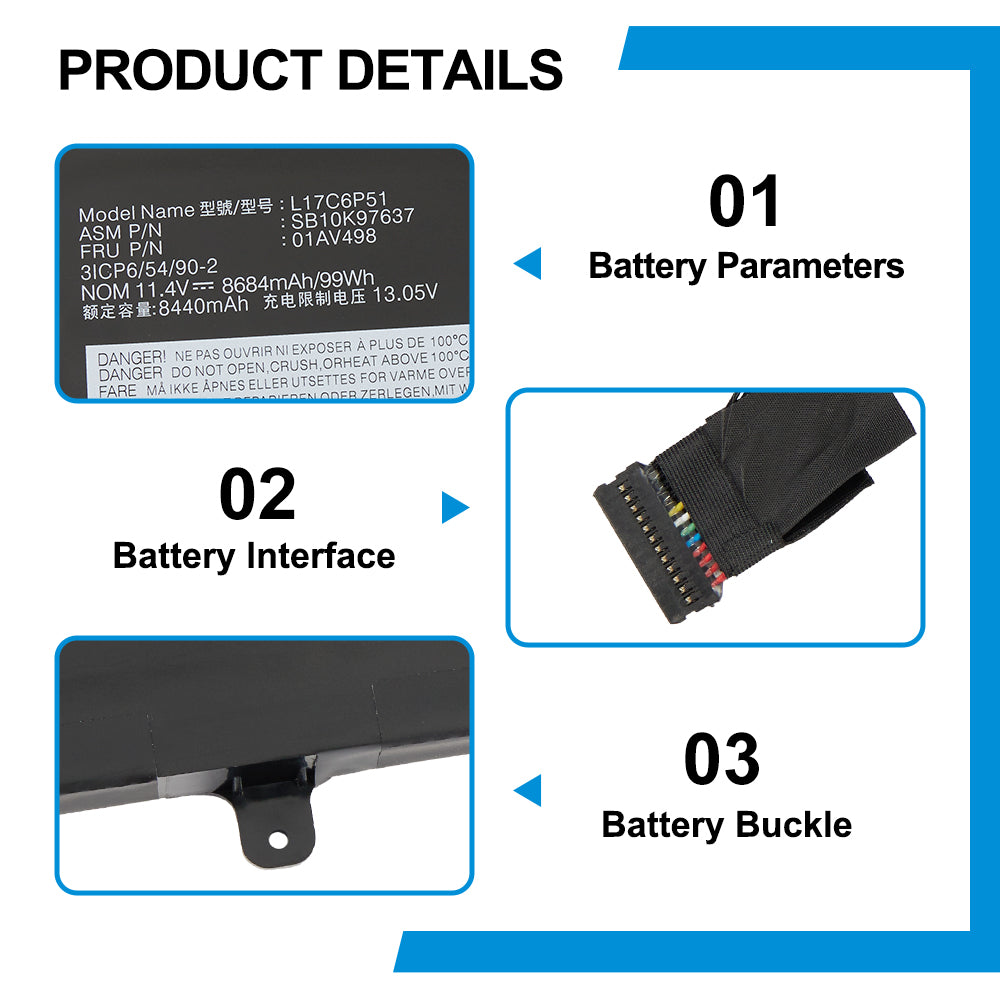L17C6P51 Replacement Laptop Battery for Lenovo, , top view of the battery showing screw holes and safety labels.