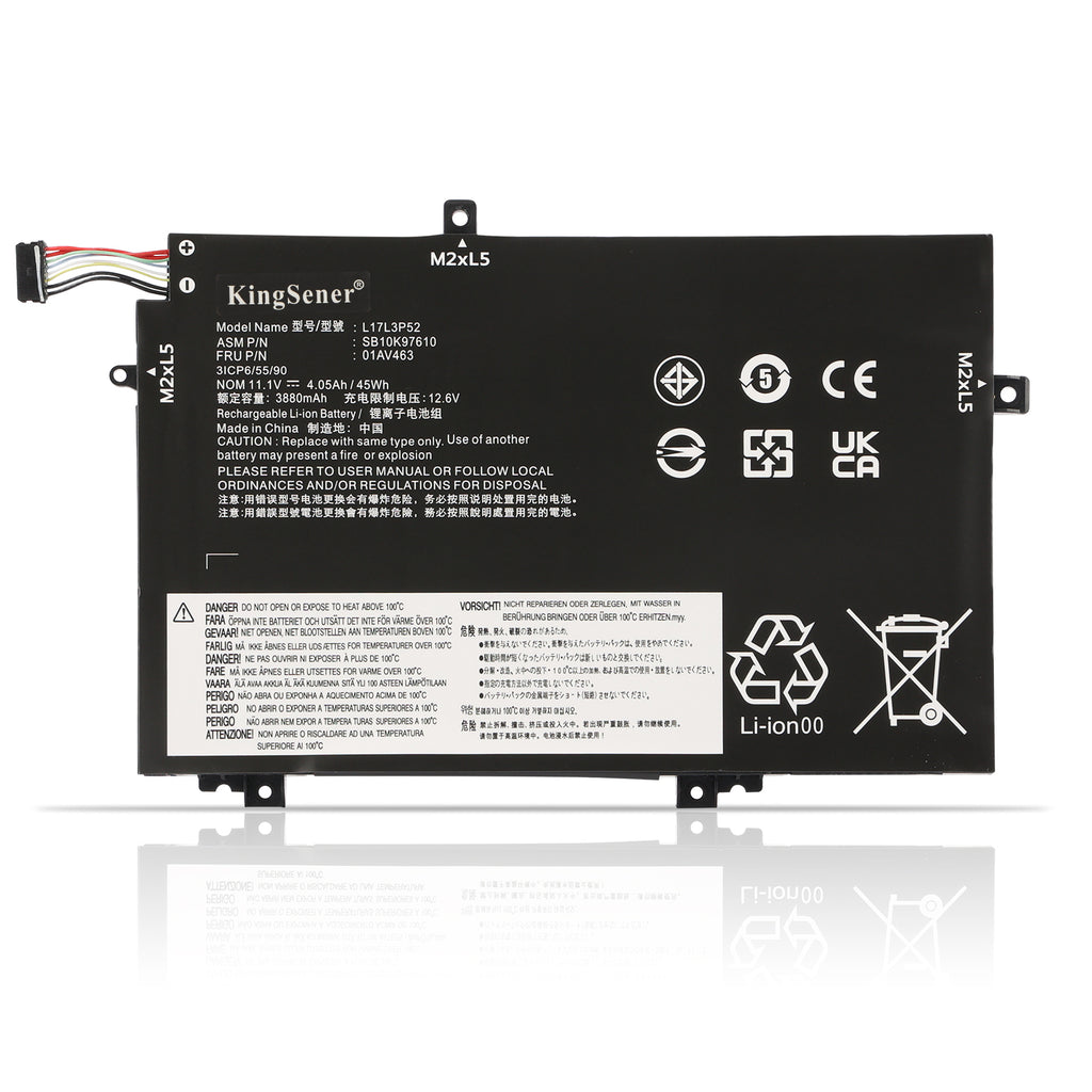 L17L3P52 laptop battery for Lenovo ThinkPad L470 L480 L580, 11.1V 45Wh, with 5-wire multi-pin connector and mounting tabs.