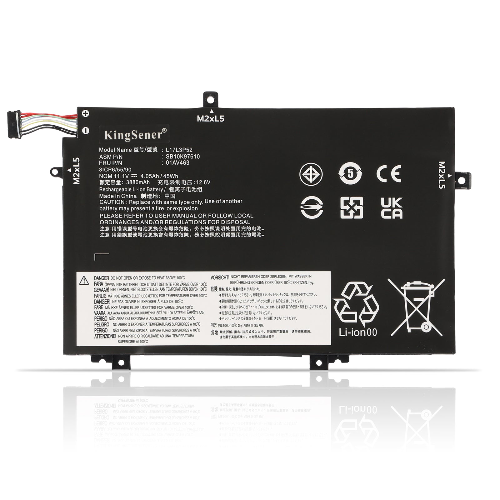 L17L3P52 laptop battery for Lenovo ThinkPad L470 L480 L580, 11.1V 45Wh, with 5-wire multi-pin connector and mounting tabs.
