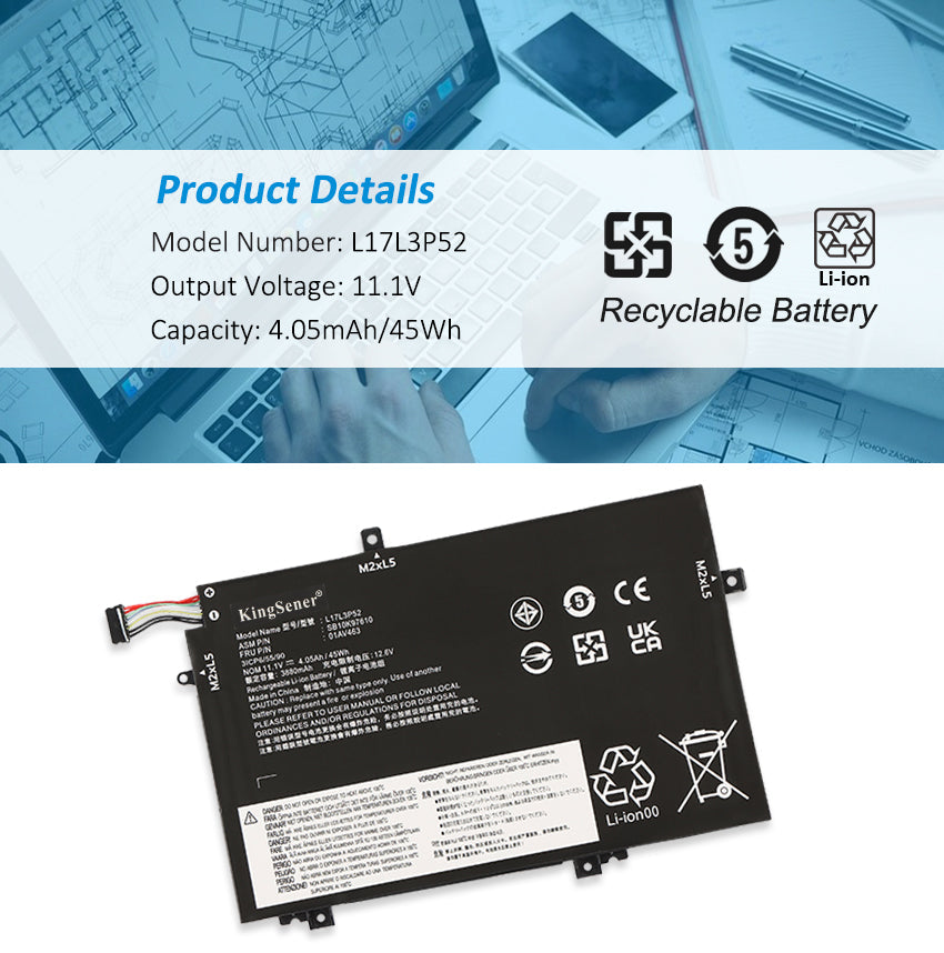 L17L3P52 rechargeable battery for Lenovo L480, 45Wh capacity, showing technical labels and regulatory icons like CE and UKCA.