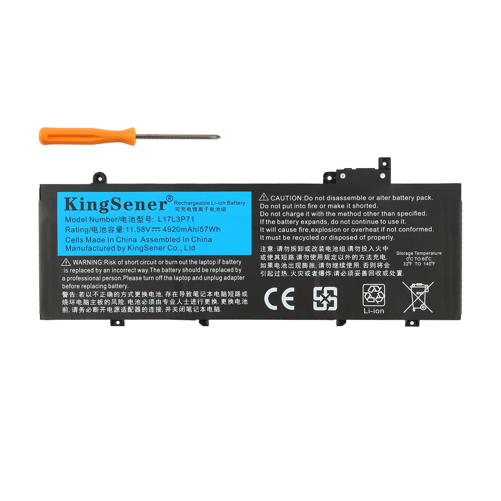 L17L3P71 Replacement Battery for Lenovo ThinkPad T480S - Front View on White