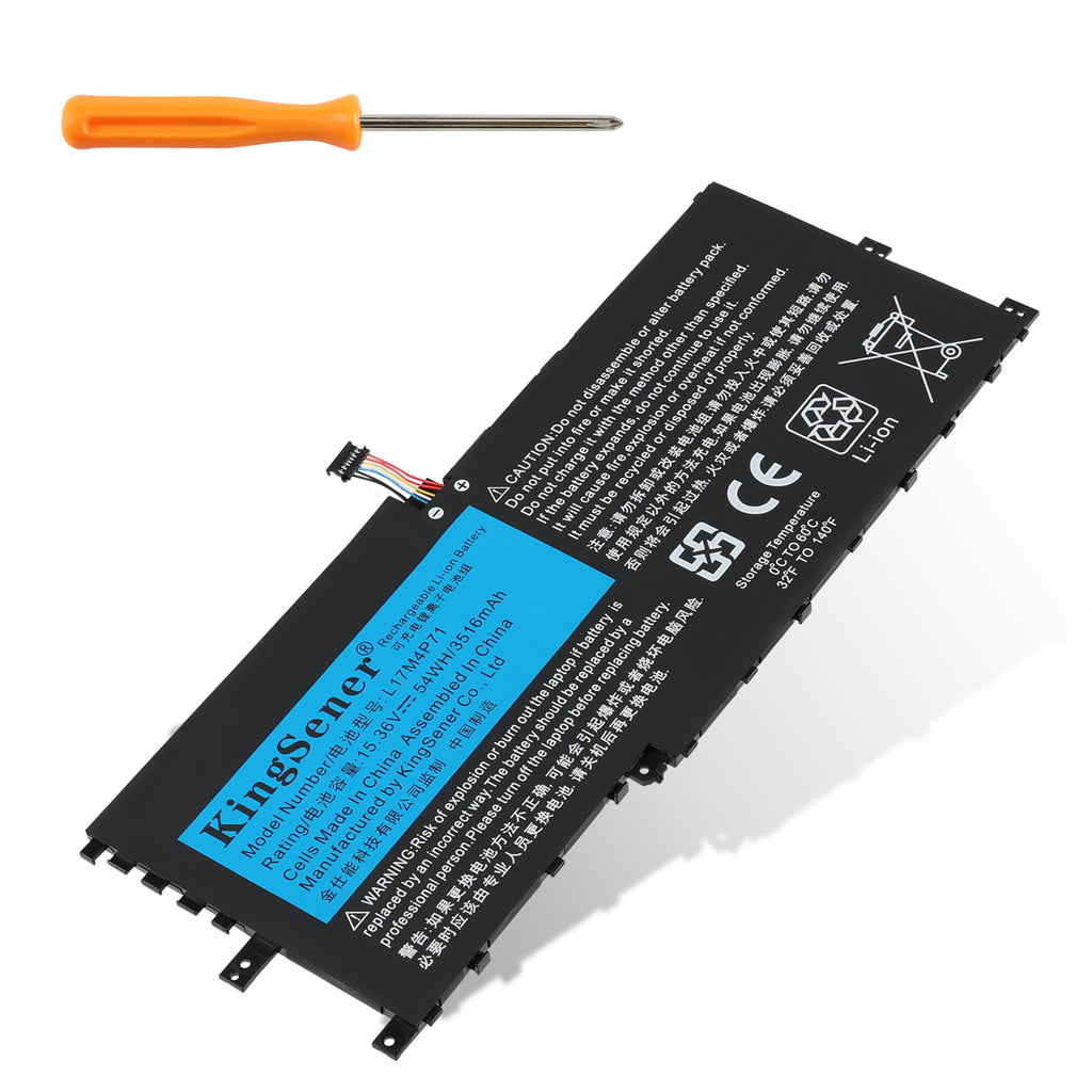 L17M4P71 Replacement Laptop Battery for Lenovo, 15.36V 54Wh/3520mAh, front view of slim black internal battery with connector