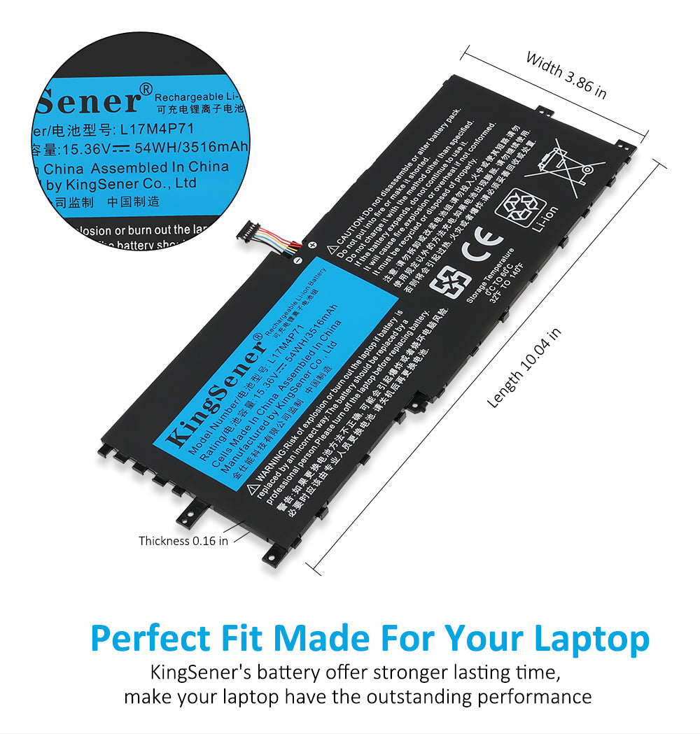 L17M4P71 Replacement Laptop Battery for Lenovo, 15.36V 54Wh/3520mAh, angled view of the internal rechargeable battery unit.