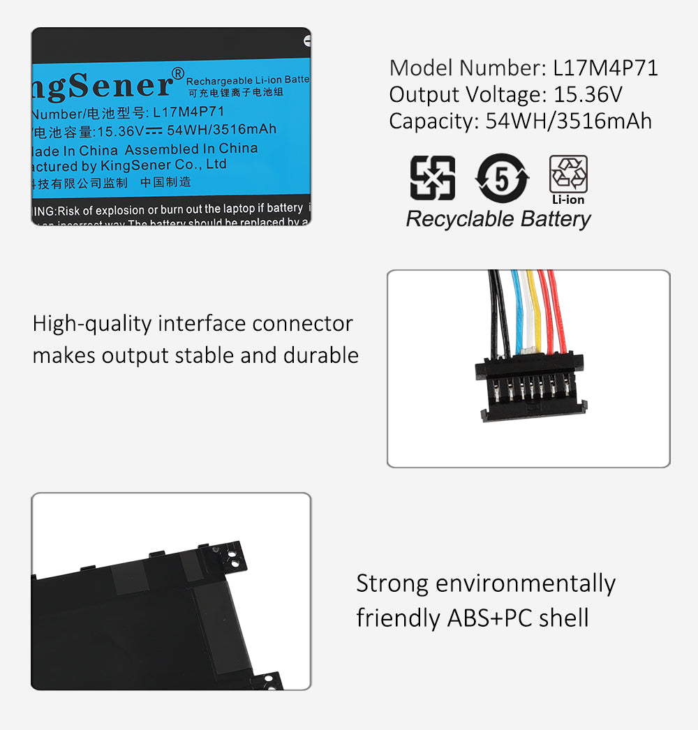 L17M4P71 Replacement Laptop Battery for Lenovo, 15.36V 54Wh/3520mAh, top view of the battery showing screw holes and safety l