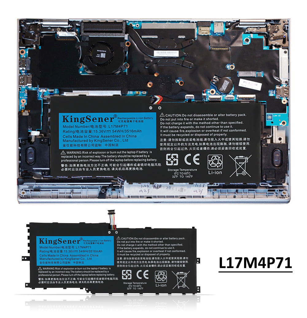 L17M4P71 Replacement Laptop Battery for Lenovo, 15.36V 54Wh/3520mAh, rear view showing the smooth surface and structural desi