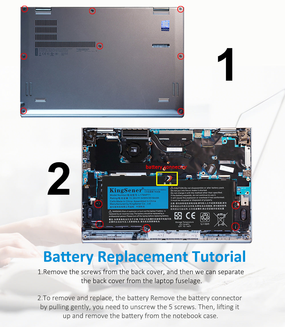 L17M4P71 Replacement Laptop Battery for Lenovo, 15.36V 54Wh/3520mAh, side profile highlighting the slim form factor.