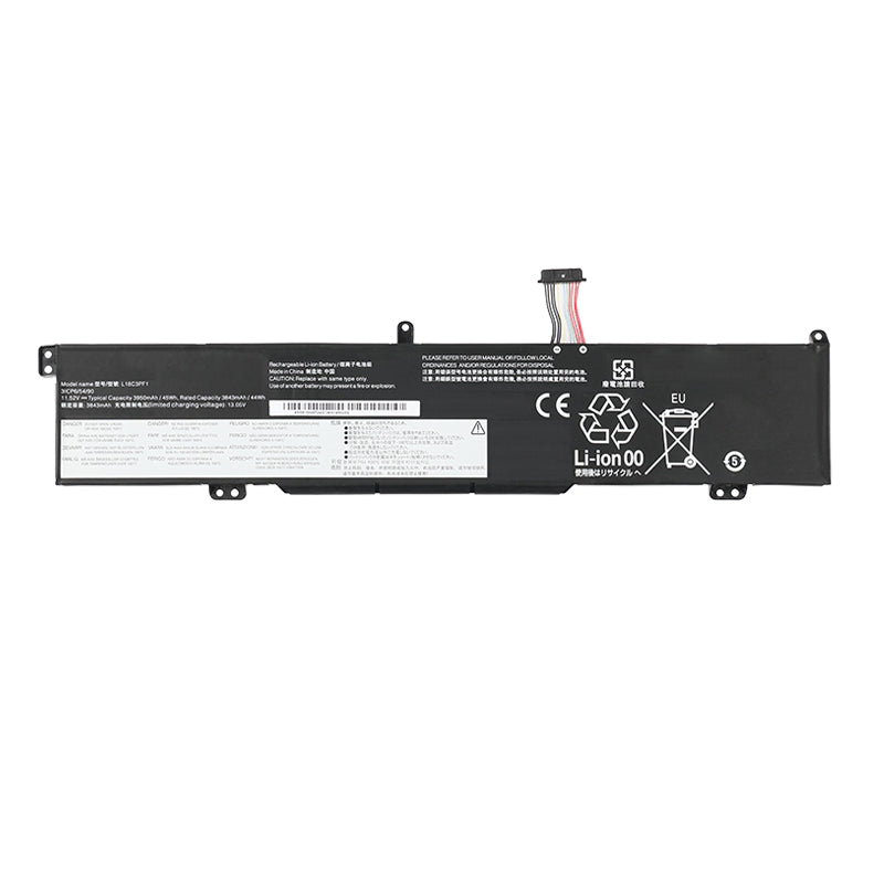 L18C3PF1 Replacement Laptop Battery for Lenovo Ideapad, 11.52V 45Wh 3950mAh, Long black battery with ribbon cable and labels.