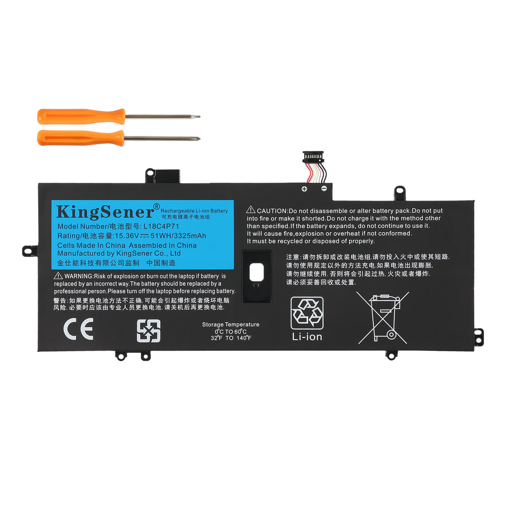 L18C4P71 laptop battery for Lenovo ThinkPad X1 Yoga, 15.4V 47.74WH, with two orange screwdrivers and black rectangular casing.