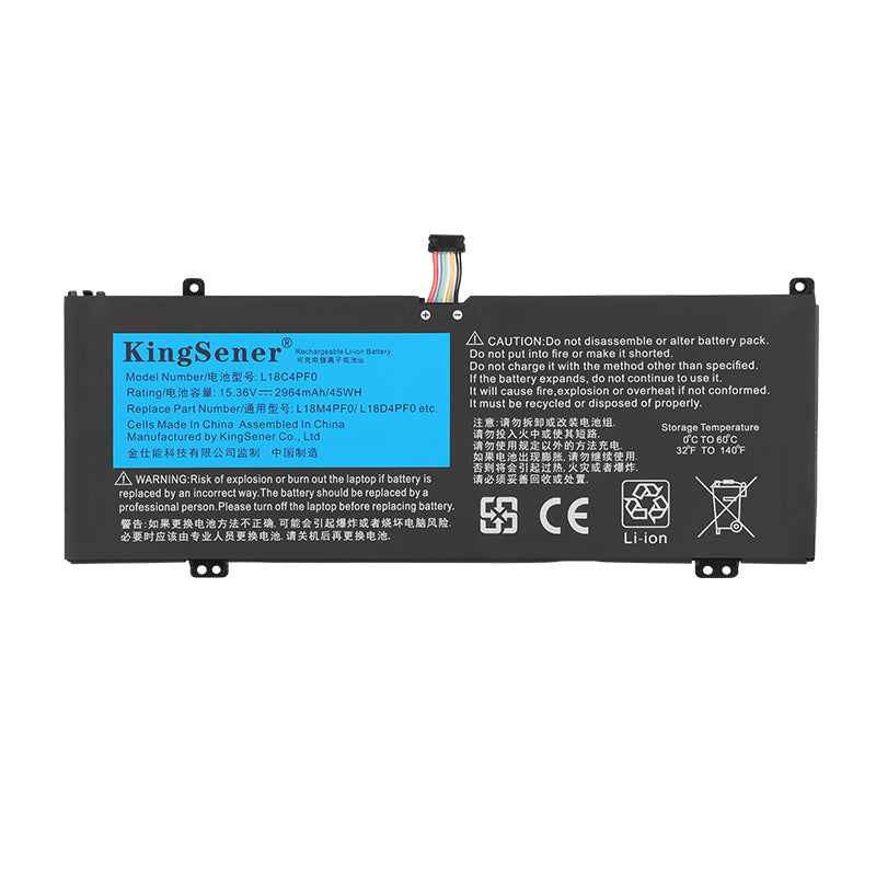 L18C4PF0 Laptop Battery for Lenovo, 15.36V 45Wh, showing flat black casing with screw-hole tabs and connector