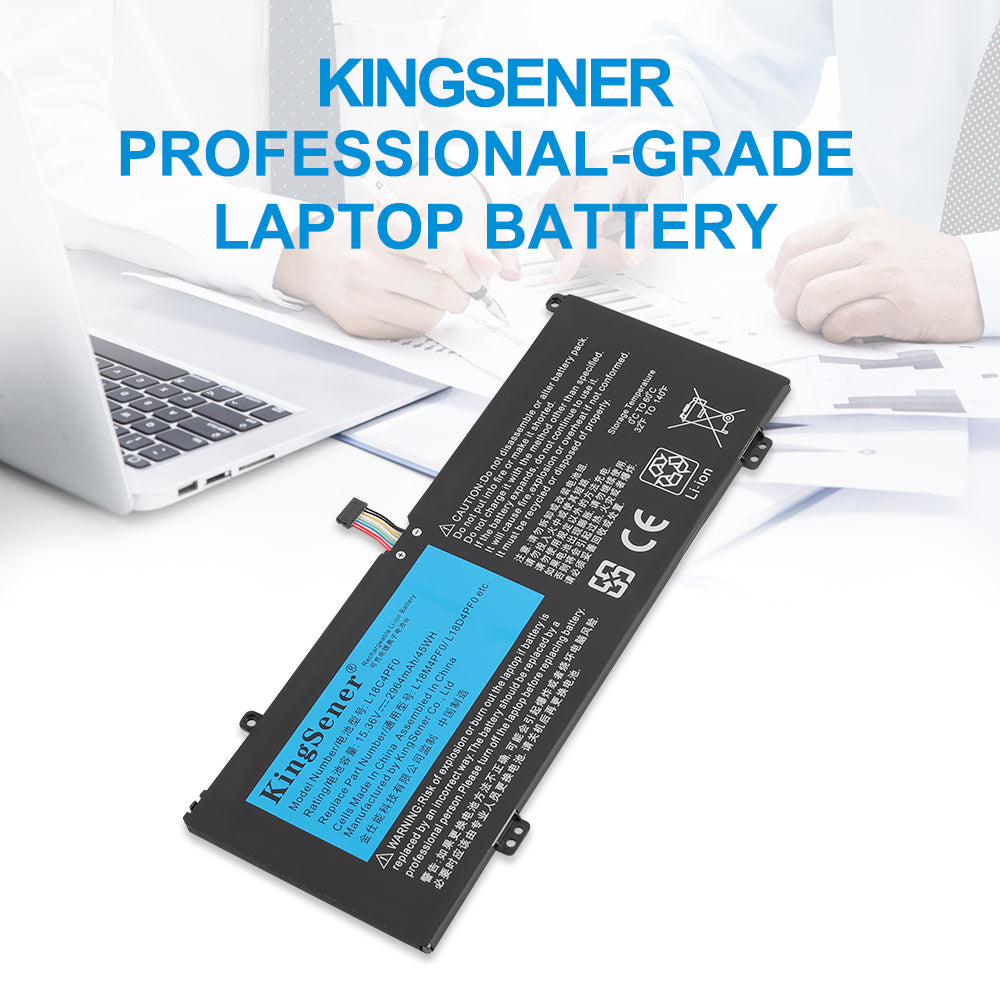 L18C4PF0 Laptop Battery for Lenovo, 15.36V 45Wh, showing flat black casing with screw-hole tabs and connector