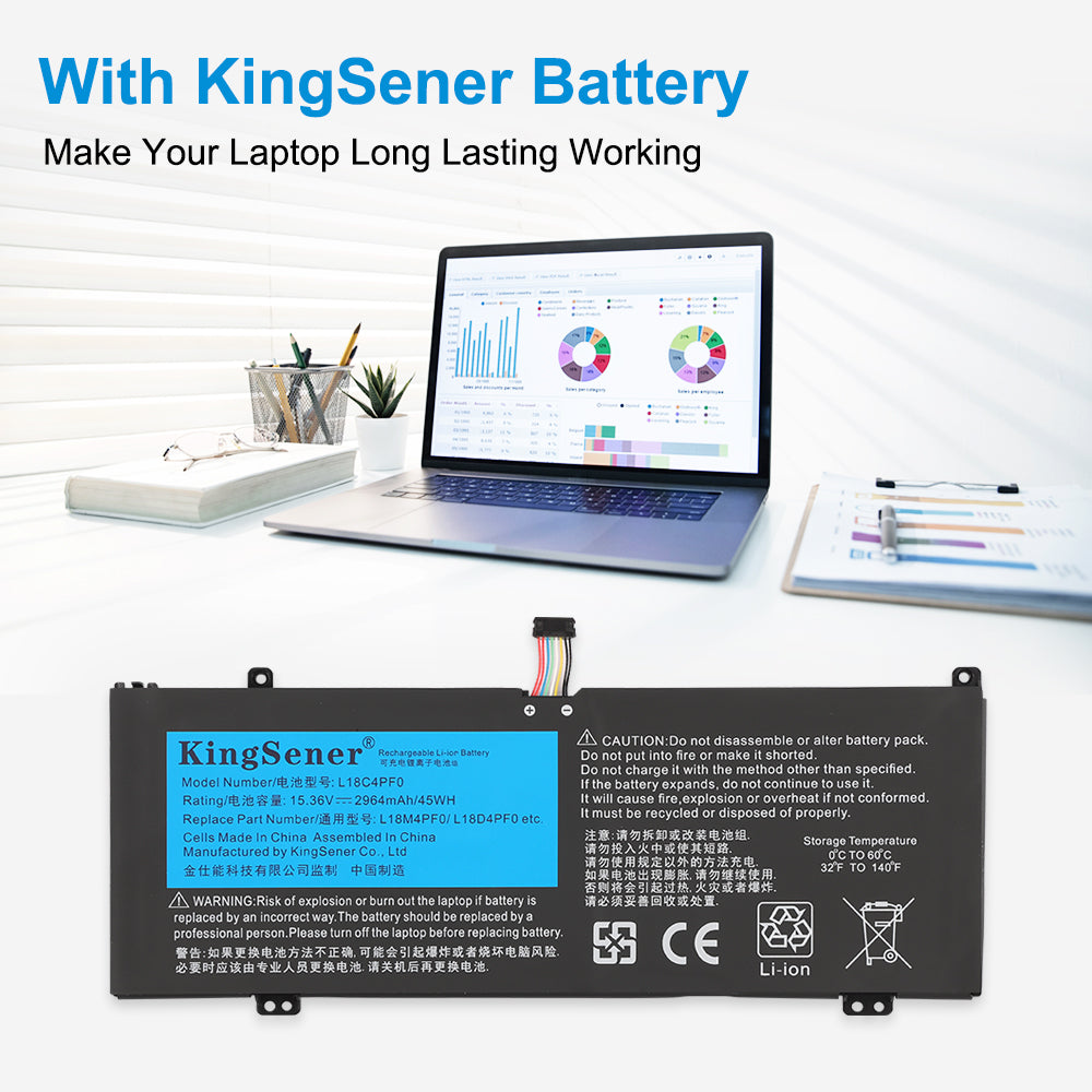 L18C4PF0 Laptop Battery for Lenovo, 15.36V 45Wh, showing flat black casing with screw-hole tabs and connector