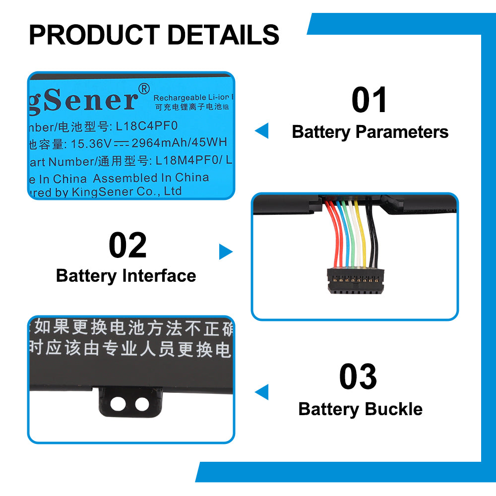 L18C4PF0 Laptop Battery for Lenovo, 15.36V 45Wh, showing flat black casing with screw-hole tabs and connector