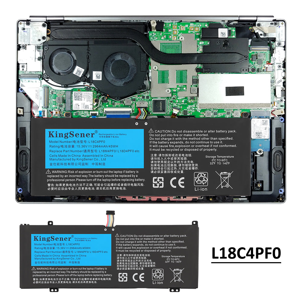 L18C4PF0 Laptop Battery for Lenovo, 15.36V 45Wh, showing flat black casing with screw-hole tabs and connector