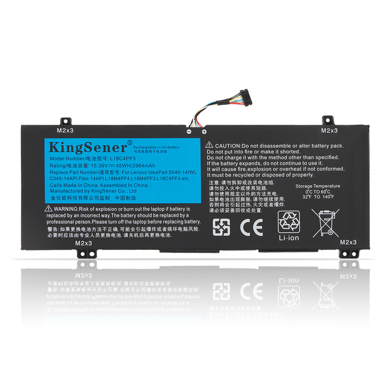 L18C4PF3 Replacement Battery for Lenovo, 15.36V 45Wh, Wide rectangular black casing with colorful ribbon cable.