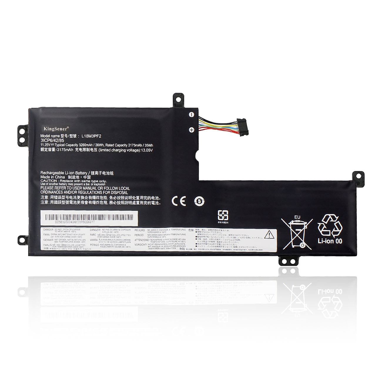 L18M3PF2 Replacement Laptop Battery for Lenovo IdeaPad, 11.25V 36Wh 3280mAh, Black L-shaped with 5-wire connector.