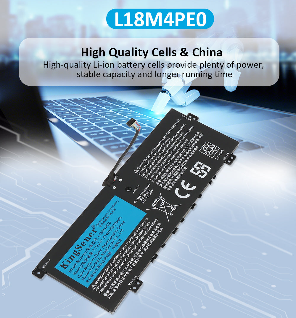 L18M4PE0 Laptop Battery for Lenovo Yoga, 7.72V 51Wh, showing slim internal unit and connector cable