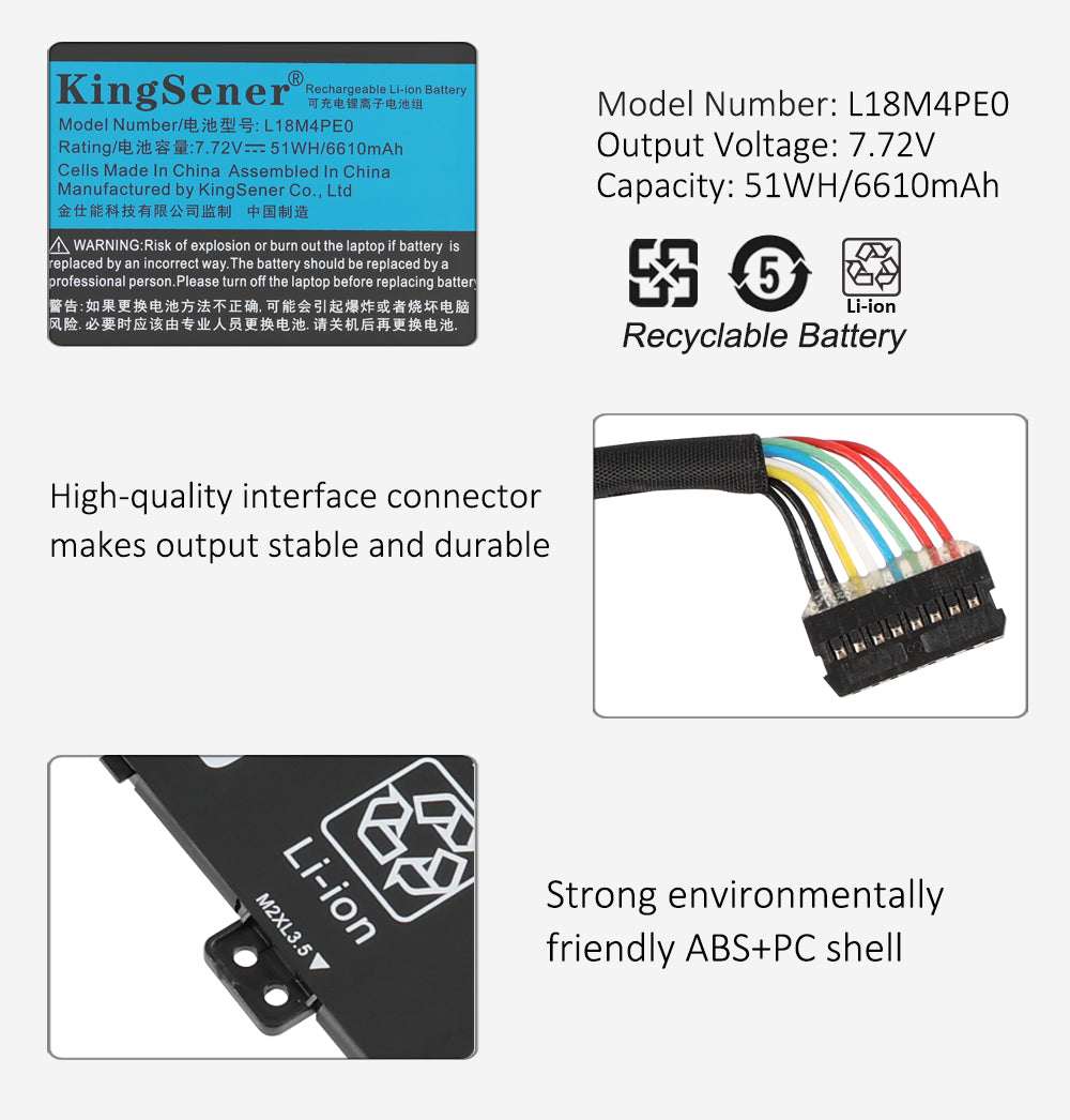 L18M4PE0 Laptop Battery for Lenovo Yoga, 7.72V 51Wh, showing slim internal unit and connector cable