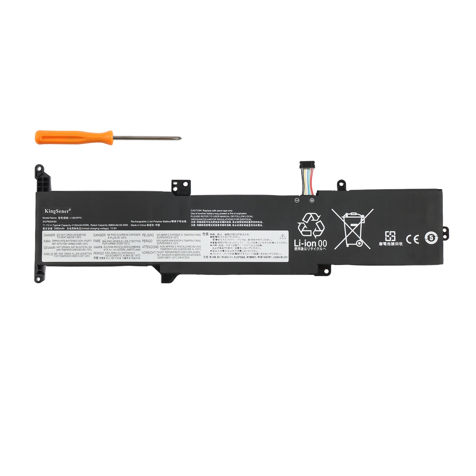 L19D3PF5 Laptop Battery for Lenovo IdeaPad, 11.34V 45Wh, showing the long black unit and white labels