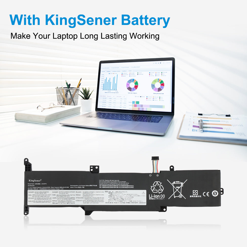L19D3PF5 Laptop Battery for Lenovo IdeaPad, 11.34V 45Wh, showing the long black unit and white labels