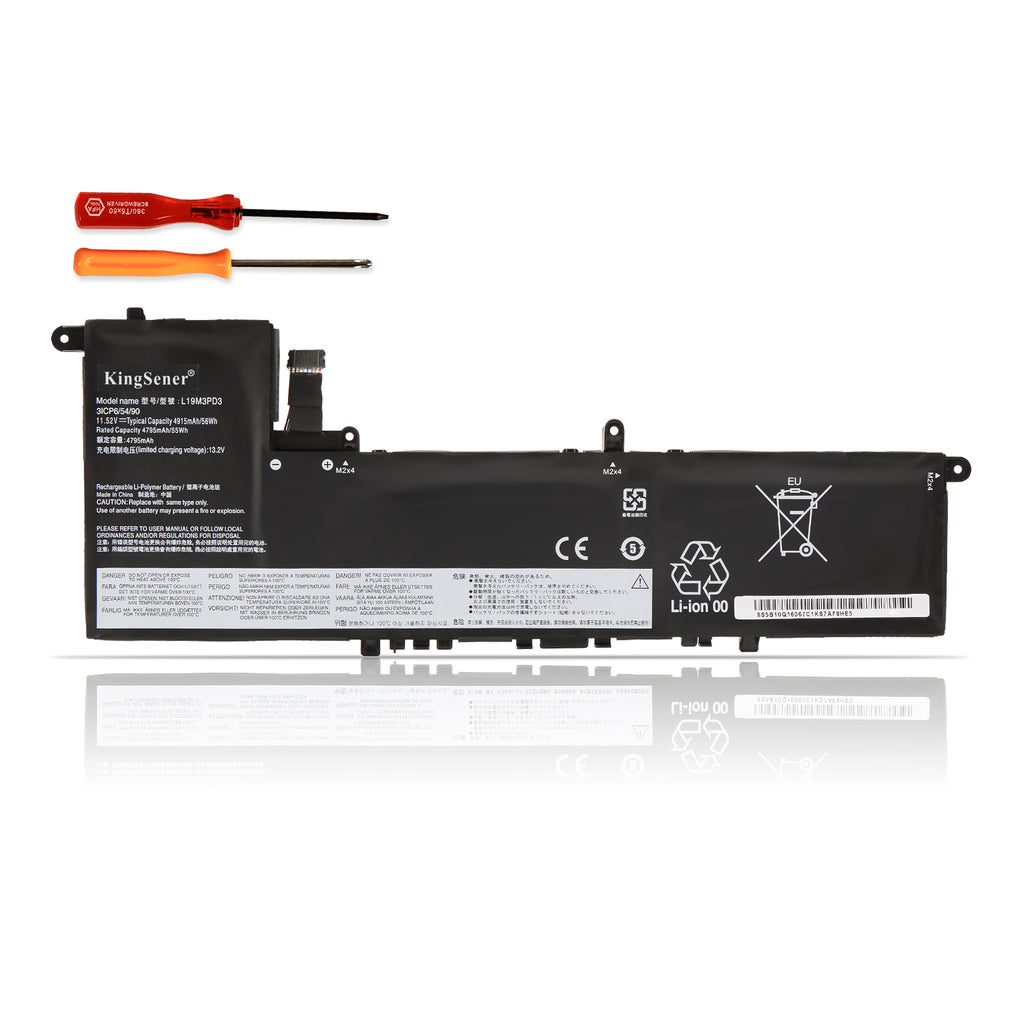 L19M3PD3 Replacement Laptop Battery for Lenovo, 11.52V 56Wh/4915mAh, front view of slim black internal battery with connector