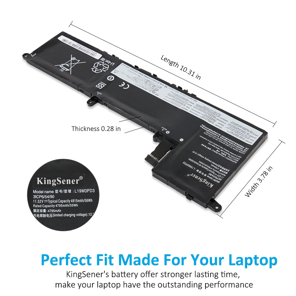 L19M3PD3 Replacement Laptop Battery for Lenovo, 11.52V 56Wh/4915mAh, angled view of the internal rechargeable battery unit.