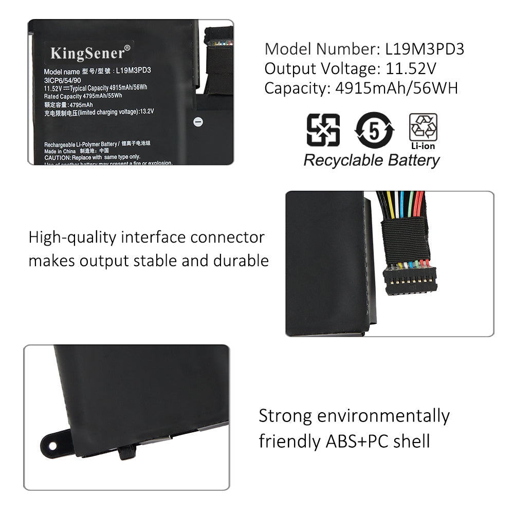 L19M3PD3 Replacement Laptop Battery for Lenovo, 11.52V 56Wh/4915mAh, top view of the battery showing screw holes and safety l