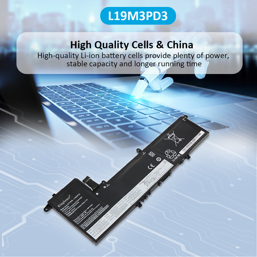L19M3PD3 Replacement Laptop Battery for Lenovo, 11.52V 56Wh/4915mAh, perspective view of the battery casing and mounting tabs