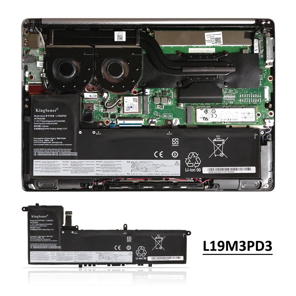 L19M3PD3 Replacement Laptop Battery for Lenovo, 11.52V 56Wh/4915mAh, rear view showing the smooth surface and structural desi